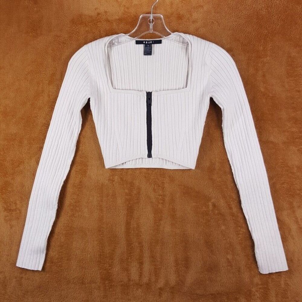 KSUBI Top Womens XS Tan Crop Ribbed Knit Zip Front Long Sleeve Stretch Logo